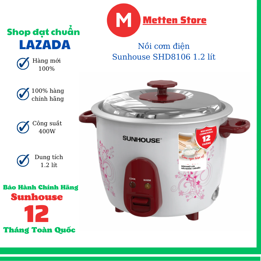 Nồi cơm điện Sunhouse SHD8106 12 lít  nồi cơm điện nắp rời lòng nồi nhôm anod cao cấp 400W  bảo hành