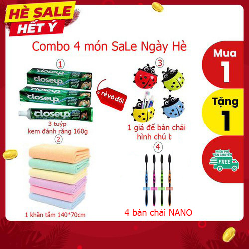 Combo 4 Món Tri Ân Khách Hàng3 Tuýp Kem Đánh Răng1 Khăn Tắm Xuất Nhật 4 Bàn Chải Nano1 Giá Để Bàn Chải Đánh Răng Hình Chú Bọ