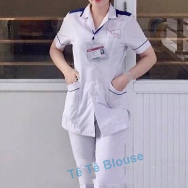 [Yêu thích+] Bộ quần áo Blouse điều dưỡng nam nữ có viền xanh cho thực tập sinh - áo điều dưỡng y tá