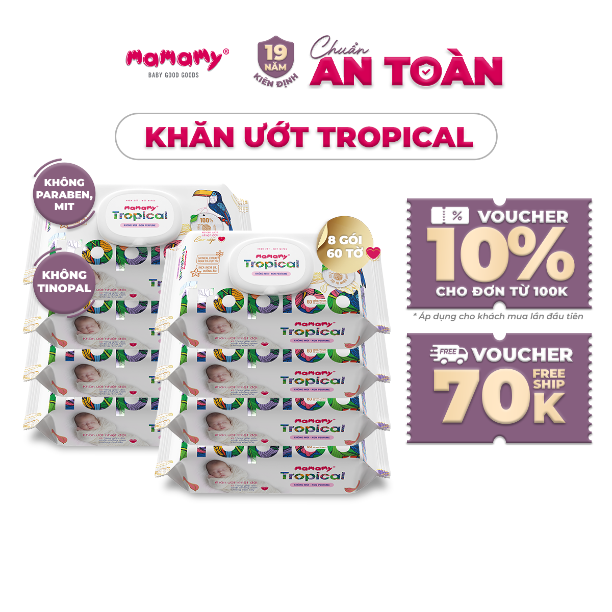 COMBO 8 bịch khăn ướt Mamamy Tropical 60 tờ an toàn cho bé từ sơ sinh