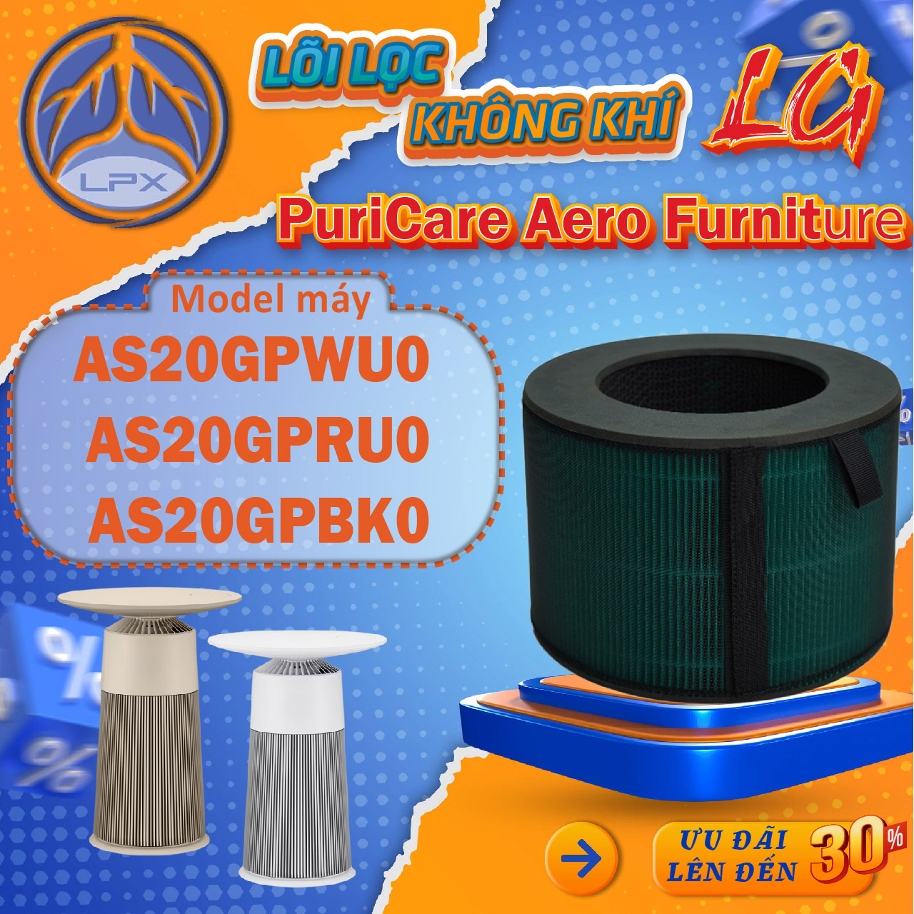 Lõi lọc PuriCare AeroFurniture AS20GPWU0 AS20GPRU0 AS20GPBK0. Bộ lọc không khí  Màng lọc không khí