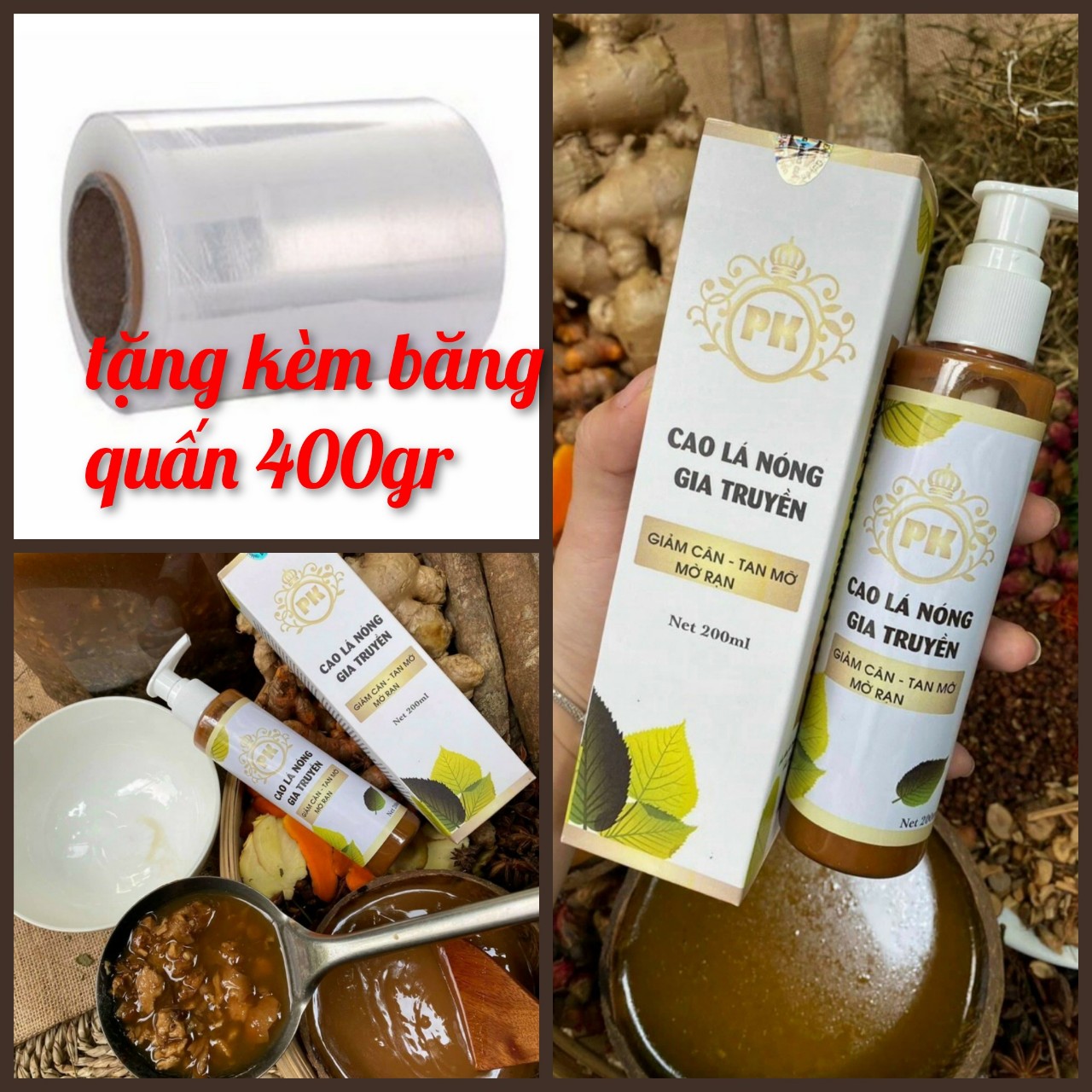 Combo Cao Lá Nóng Gia Truyền - Giảm Cân - Tan Mỡ - Mờ Rạn (Handmade) 200Ml - Kèm Bặng Quấn 400Gr