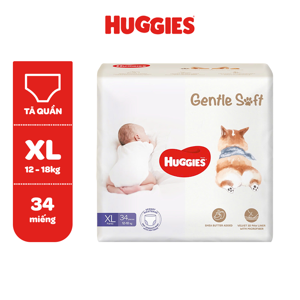 Tã quần Huggies Gentle Soft - Corgi M54/L40/XL34/XXL22 miếng êm mềm nâng niu làn da bé