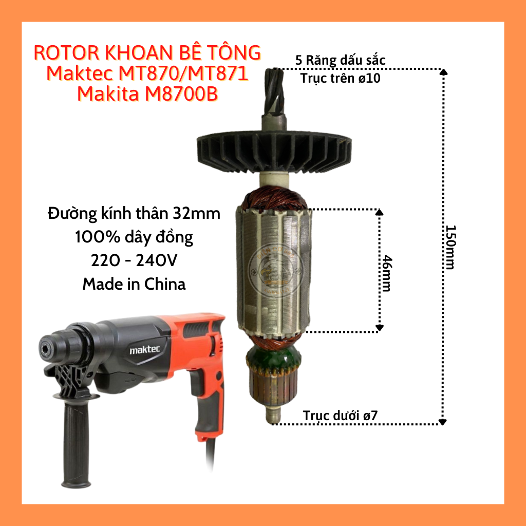 Máy khoan búa Makita MT870 - Công suất 710W, Kích thước SDS-PLUS 22mm