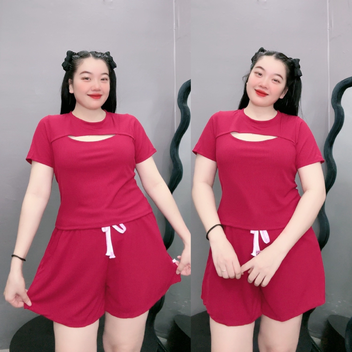 Set đồ bộ bigsize nữ gồm áo thun tay ngắn xẻ ngực và quần đùi thun chất gân tăm co giãn mát mẻ BIGSI