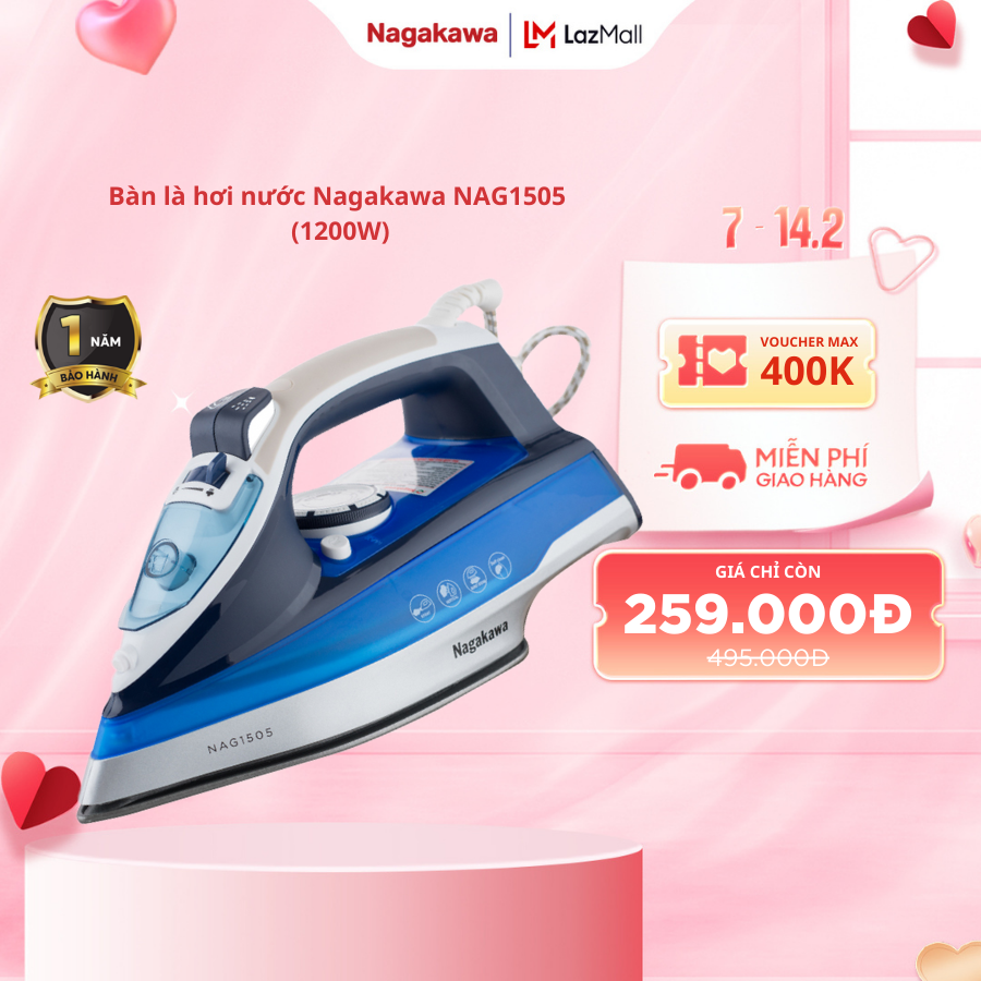 Bàn ủi Khô Nagakawa NAG1502 / Bàn ủi hơi nước NAG1505 điều chỉnh nhiệt độ phù hợp các loại vải bảo h