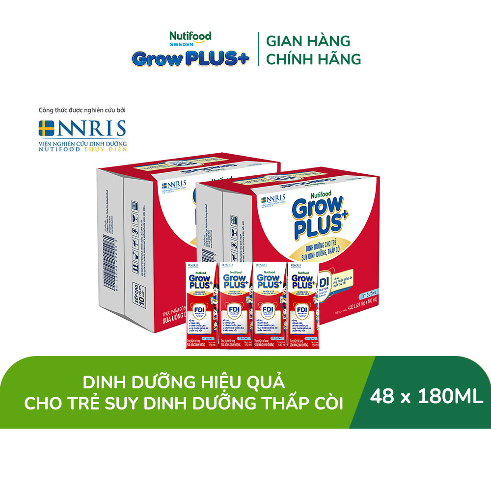 Thùng 48 hộp Sữa Nước Nutifood GrowPLUS+ Suy Dinh Dưỡng (Đỏ) - Hỗ trợ tăng cân tăng chiều cao Ít đường 180ml - Trên 1 tuổi (Bao bì tùy đợt nhập hàng)
