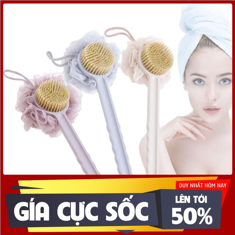 Cây bàn chải cọ lưng đa năng 2 đầu kỳ chà massage mặt cán dài kèm bông tắm lông mềm [XẢ KHO ĐỢT CUỐI]  Hàng chuẩn fullbox xuất nhật cao cấp
