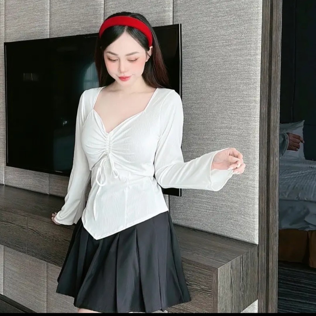 Áo Thun Nữ Cổ Tim Rút Dây Bigsize 50-95kg Tay Dài Chất Thun Gân Tăm