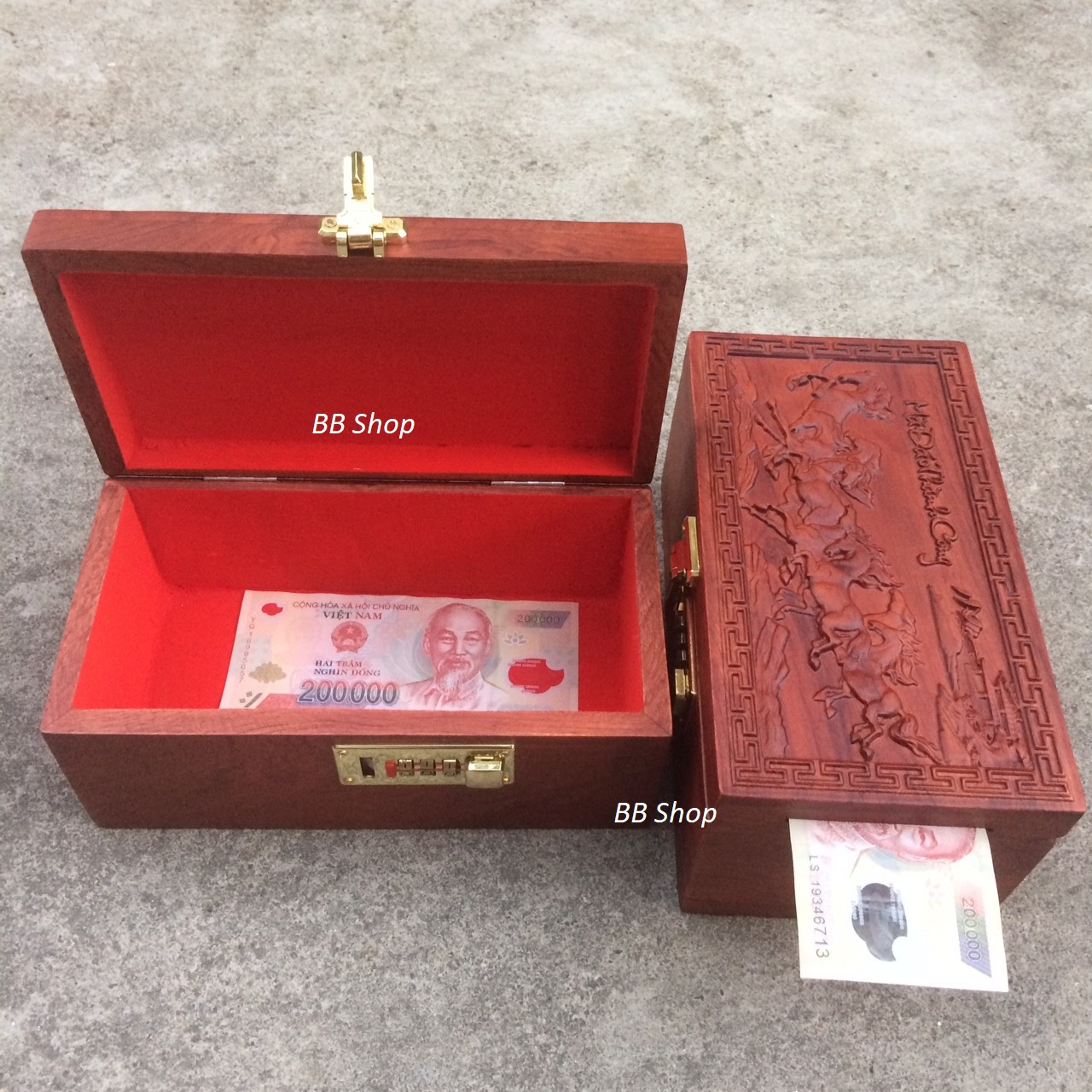 Hộp đựng tiền tiết kiệm mini đựng con dấu gỗ Hương có khóa số trạm khắc - Mã Đáo Thành Công