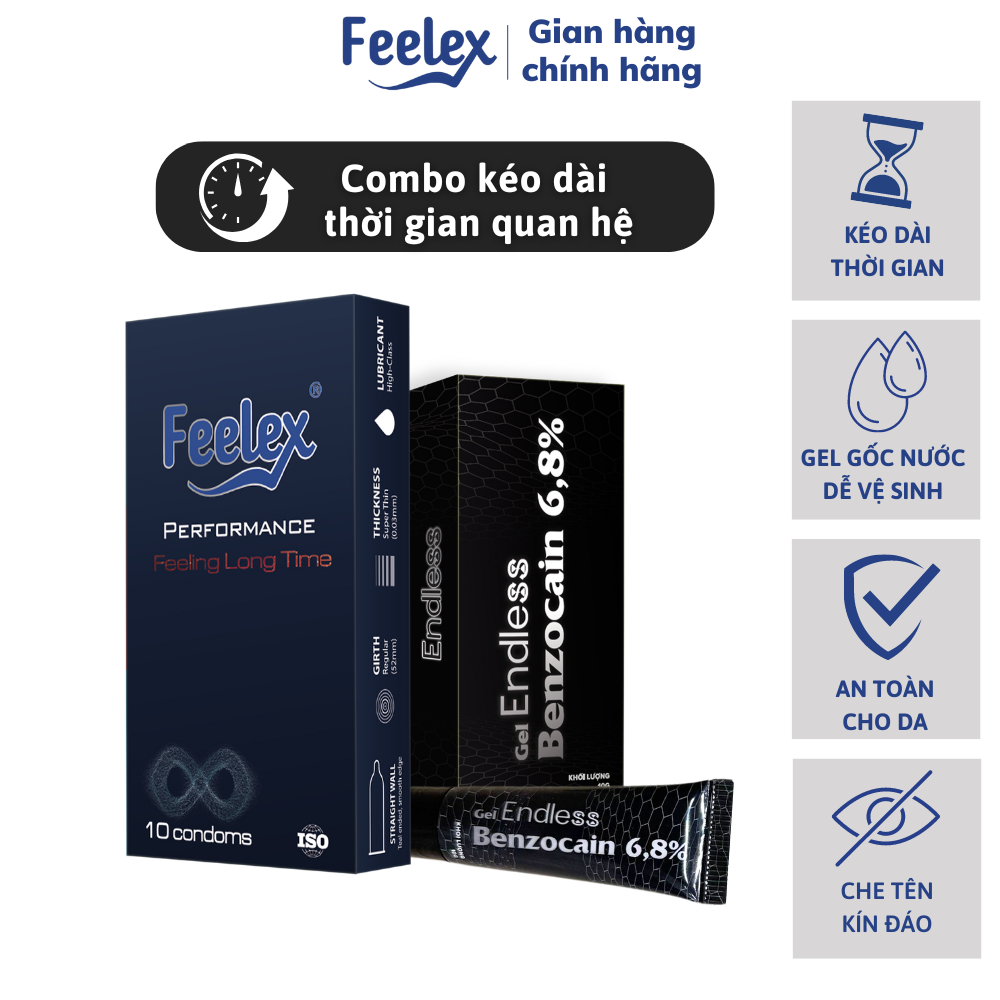Combo bao cao su Feelex Performance và gel bôi trơn Feelex Long Time 6.8% benzocain giúp kéo dài thờ