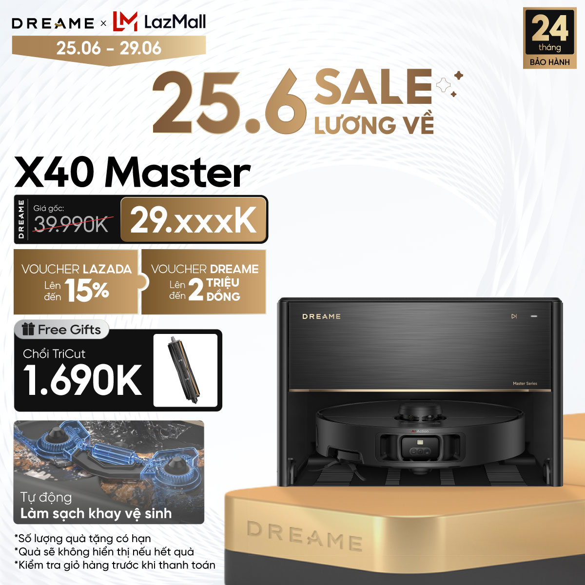 Robot hút bụi lau sàn thông minh Dreame X50 Master - Kích thước 350x350x89mm, Dung lượng 0.395L