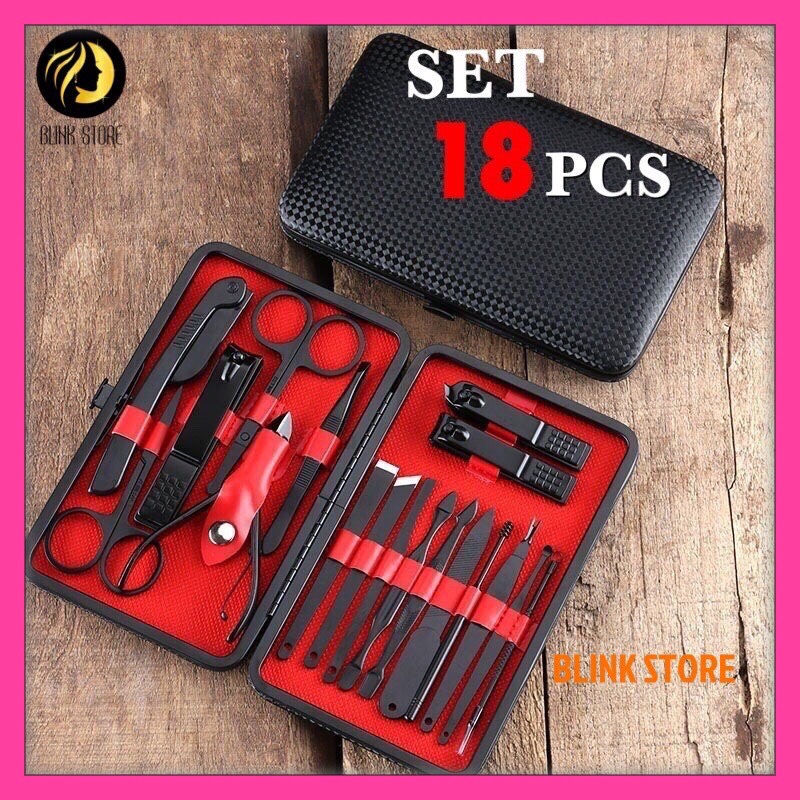 [18 MÓN] Bộ chăm sóc cá nhân toàn diện ( nhíp kìm bấm móng lấy nhân mụn cạo lông mày kéo … ) chất liệu thép không gỉ cực bền với hộp đựng bằng bao da cao cấp