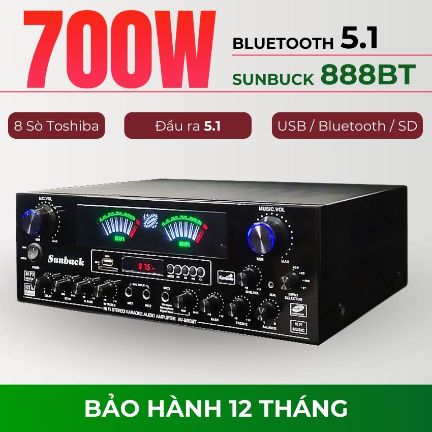 Amly karaoke bluetooth 5.1 Sunbuck AV 888BT Amply Karaoke Gia Đình 5 Kênh Có Đầu Ra Loa SUB Amli Côn