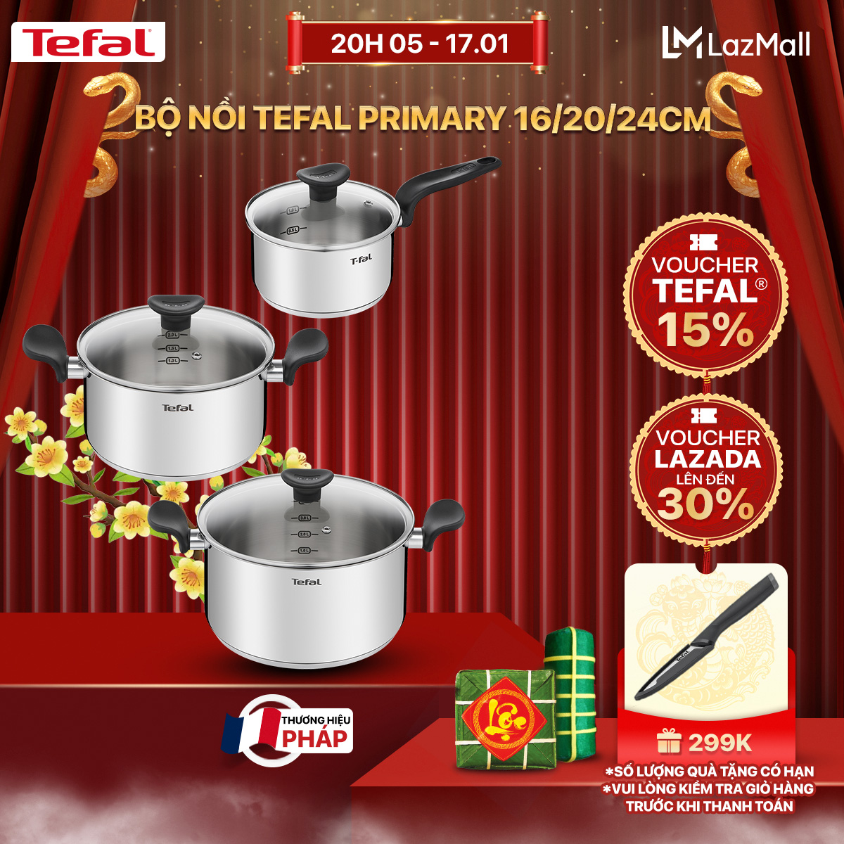 [NHẬP MÃ TEFALOFF20 GIẢM 20%] Bộ nồi Tefal Primary 16/20/24cm