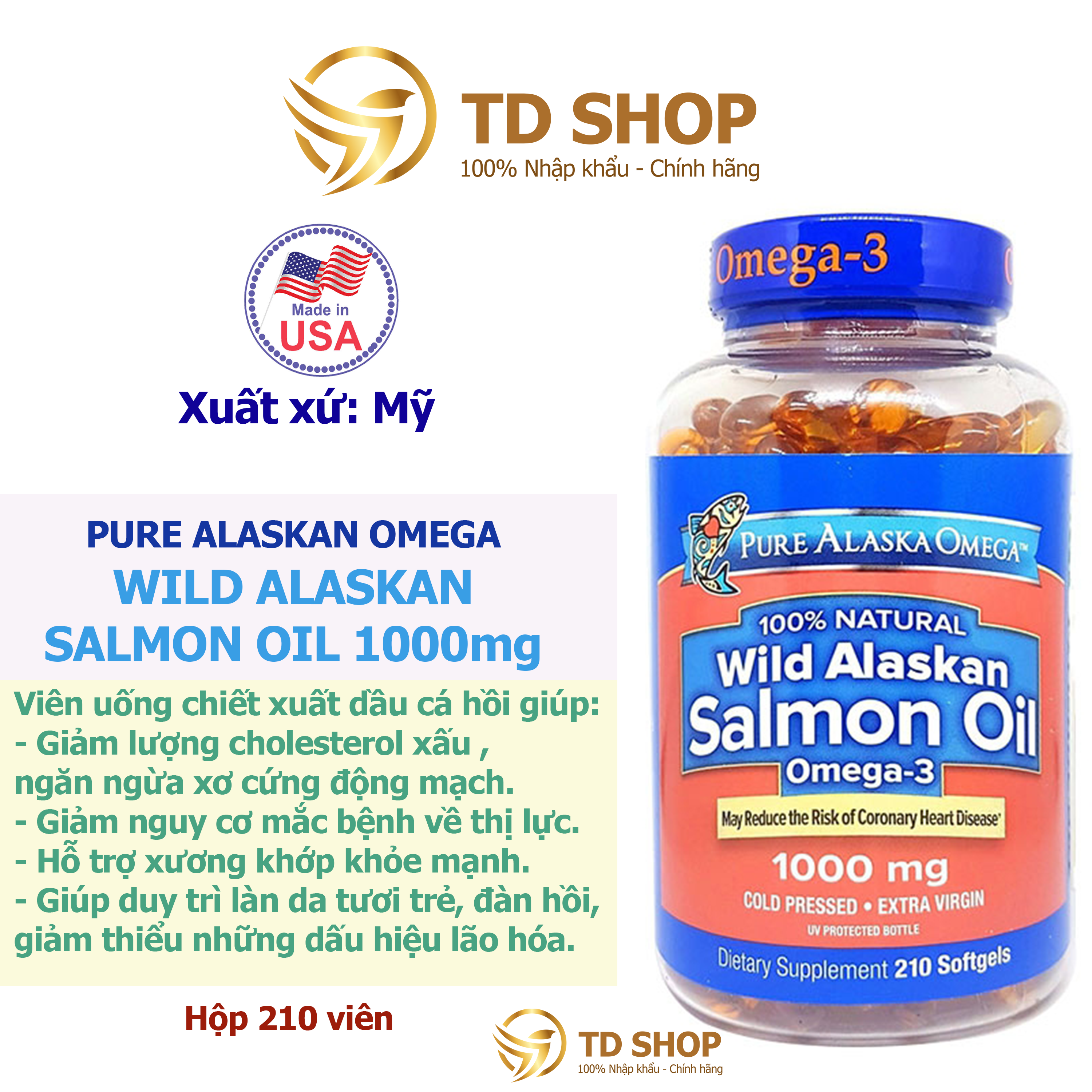 [NK Mỹ] Viên dầu cá hồi Pure Alaska Omega 3 Wild Salmon Oil 1000MG - loại 210 viên - TD Shop