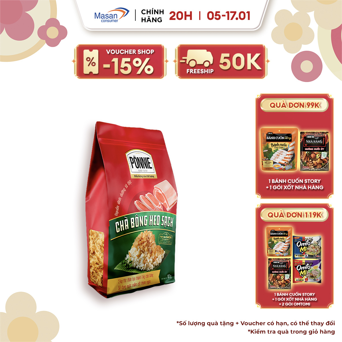 [VOUCHER 18% ĐƠN 199K]  Chà Bông Ponnie Heo Sạch Gói 100g