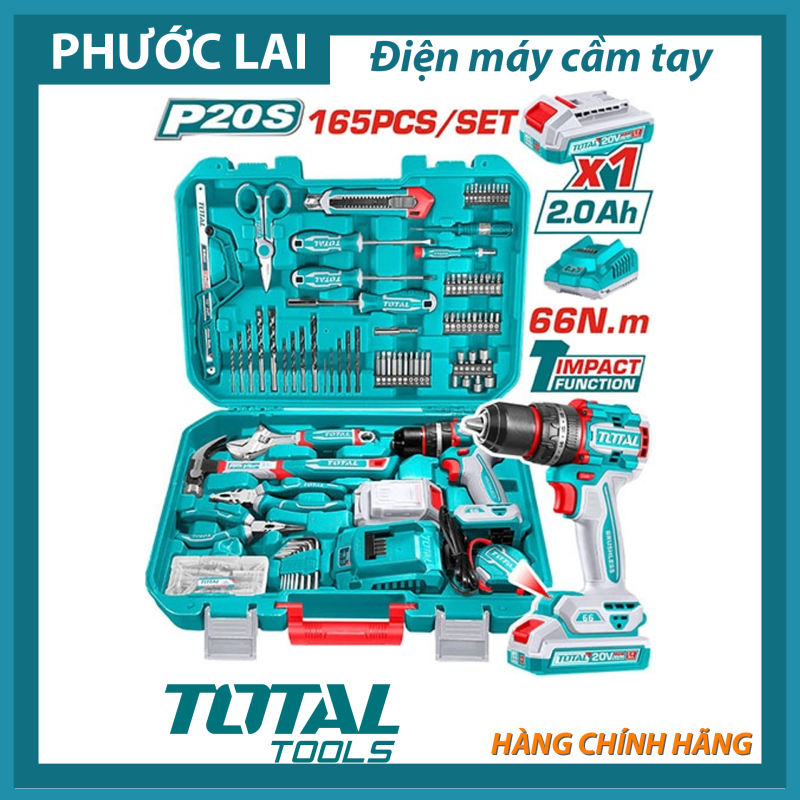 Bộ 165 món bao gồm máy khoan búa không chổi than dùng pin 20v TOTAL THKTHP11652
