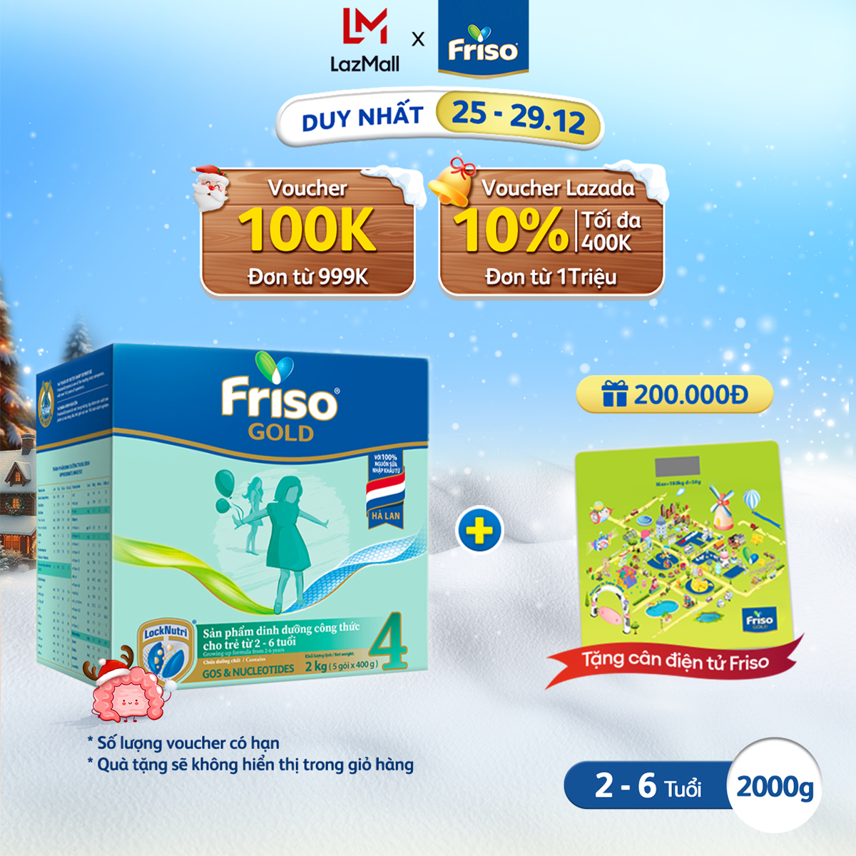 [Tặng Cân Điện Tử] Sữa Bột Friso Gold 4 Hộp Giấy 2KG