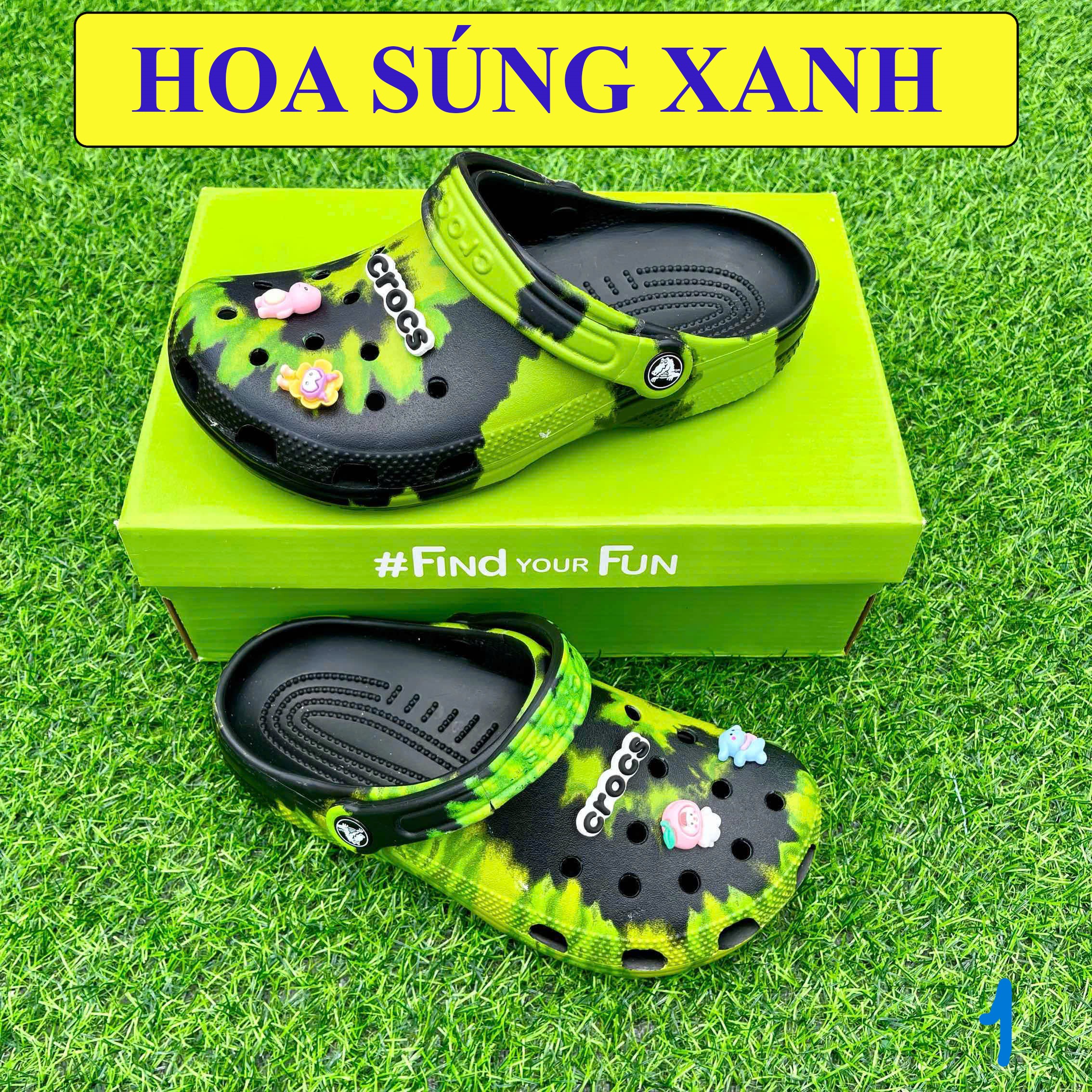 [Còn size 38] Dép crocs loang hoạ tiết hoa súng xanh hàng chính hãng có lỗi cắt đã dán kĩ tặng kèm s