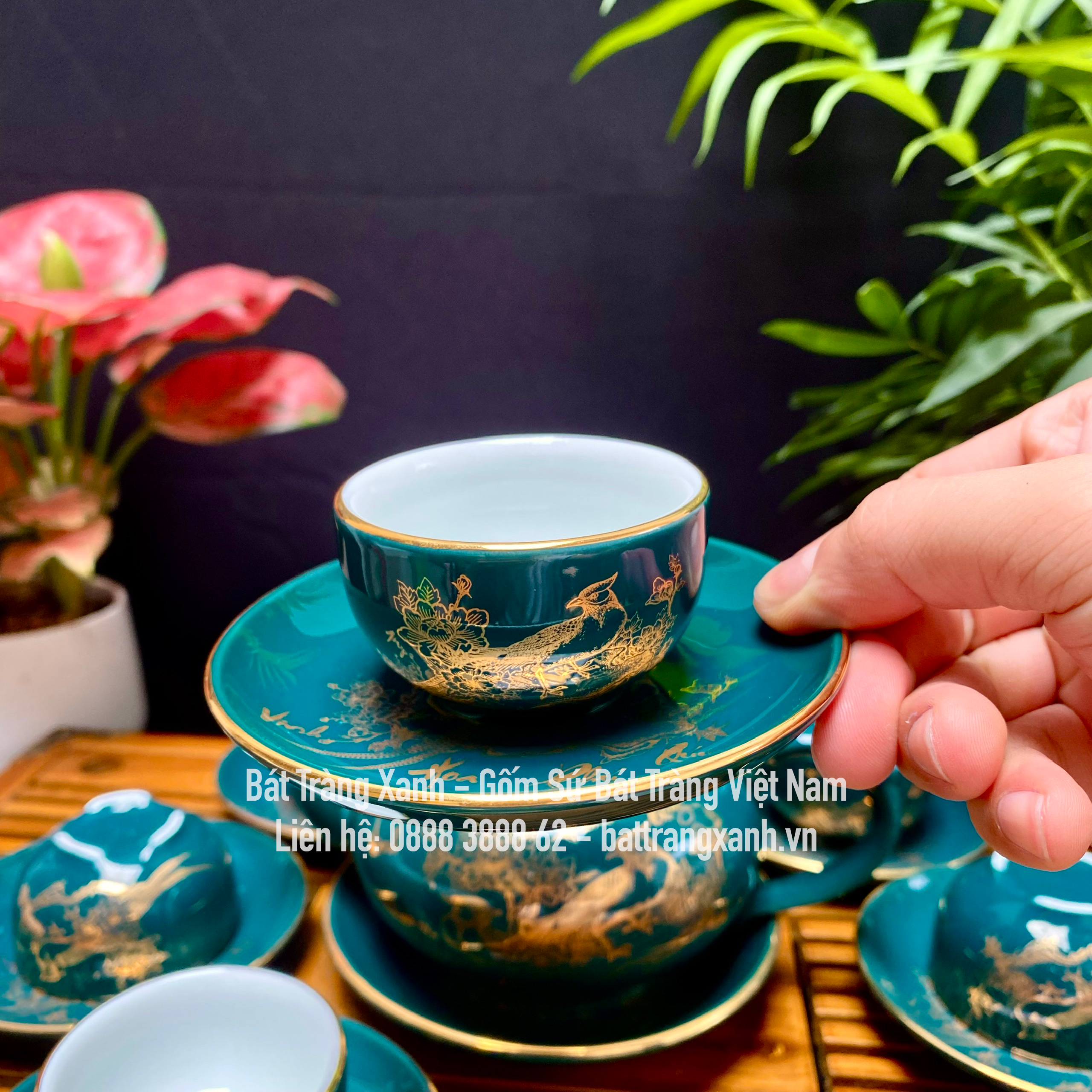 Bộ ấm trà Bát Tràng - có bán lẻ ấm chén đĩa - Bộ ấm Phú Quý Vinh Hoa xanh Malat bộ ấm trà xanh cổ vị