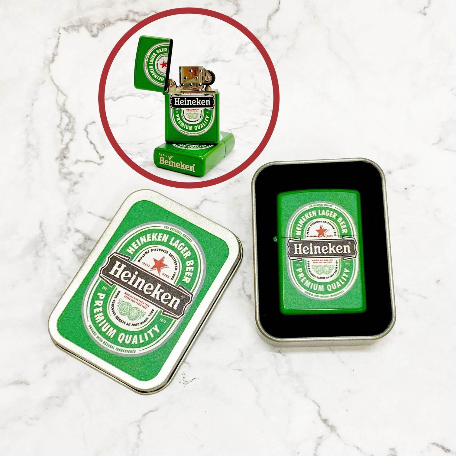 Bật Lửa Zippo 2 Mặt Logo Bia Heineken - Xài Xăng (Kèm Hộp)
