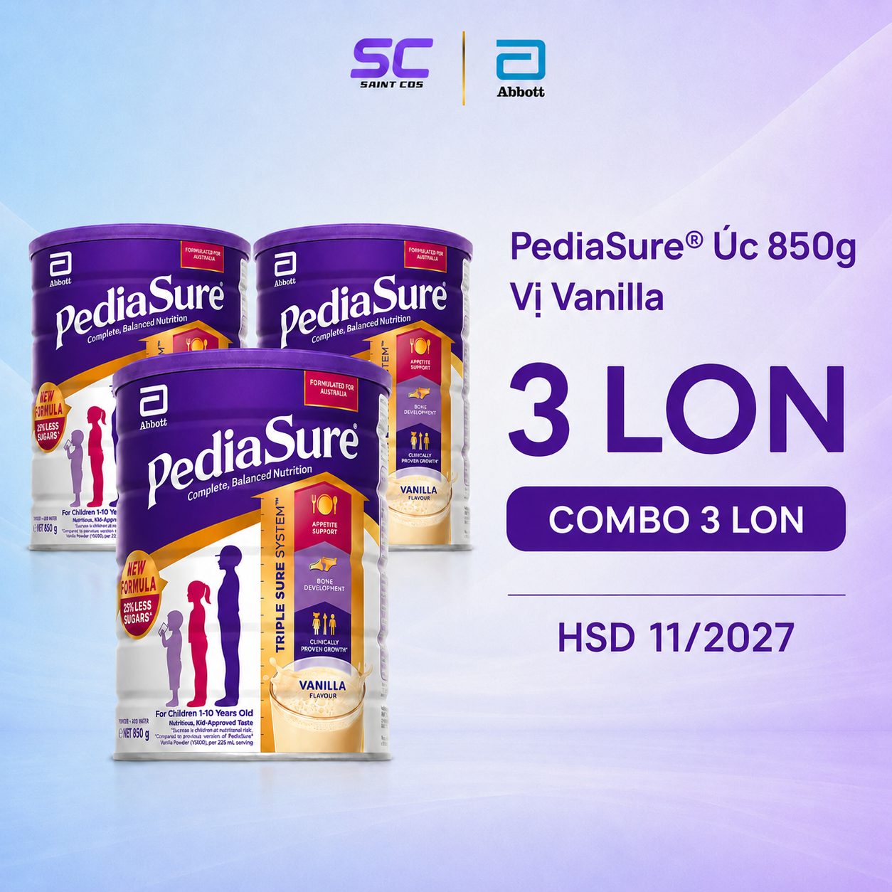Sữa bột Abbott PediaSure Úc 850g bộ 3 lon vị Vanilla cho trẻ 1-10 tuổi gói tiện trữ tại nhà
