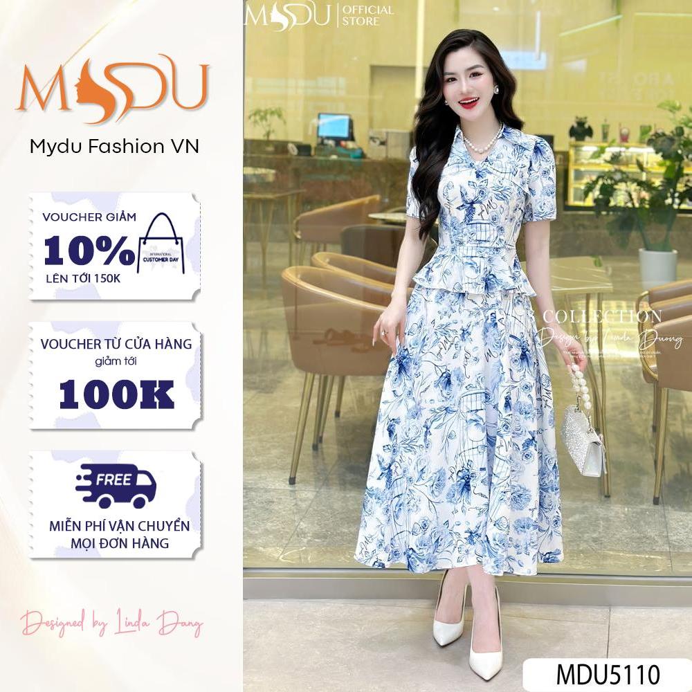 Váy Liền Thân MDU5110 Chất Lụa Mango Cao Cấp Phối Cổ V Và Tay Lửng Cùng Peplum Tôn Eo Từ MDU