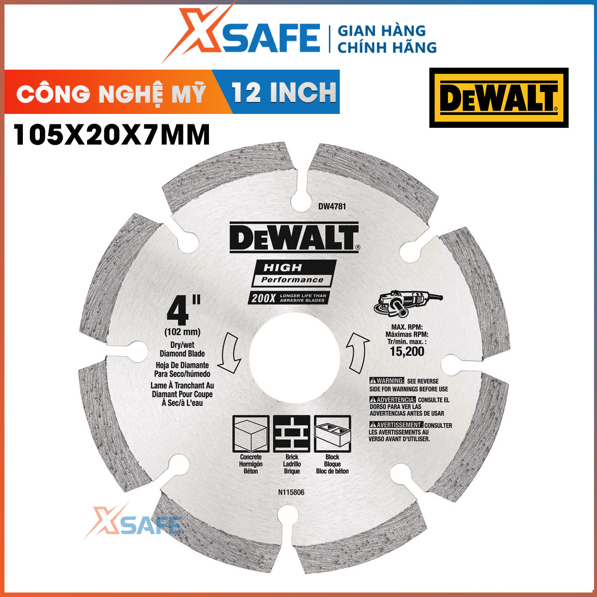 Đĩa cắt gạch 105 x 20 mm 7mm DEWALT DW4781-B1 công nghệ mỹ Đĩa cắt DeWalt có đường kính lưỡi cắt 105 mm dùng để cắt bê tông gạch đá