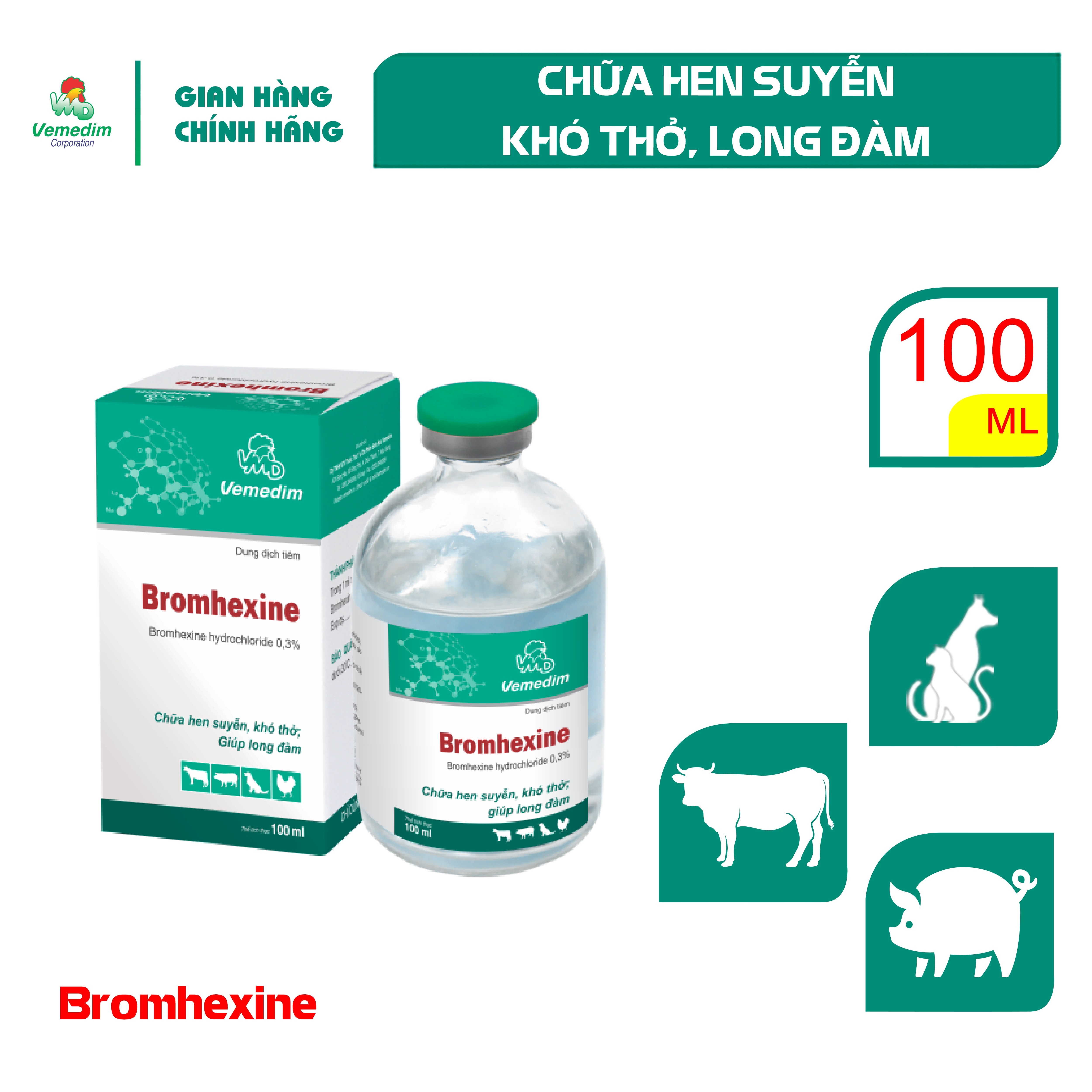 "Hoàn tiền đến 10%" Vemedim Bromhexine Chữa hen suyễn khó thở long đàm cho chó và gia súc chai 100ml