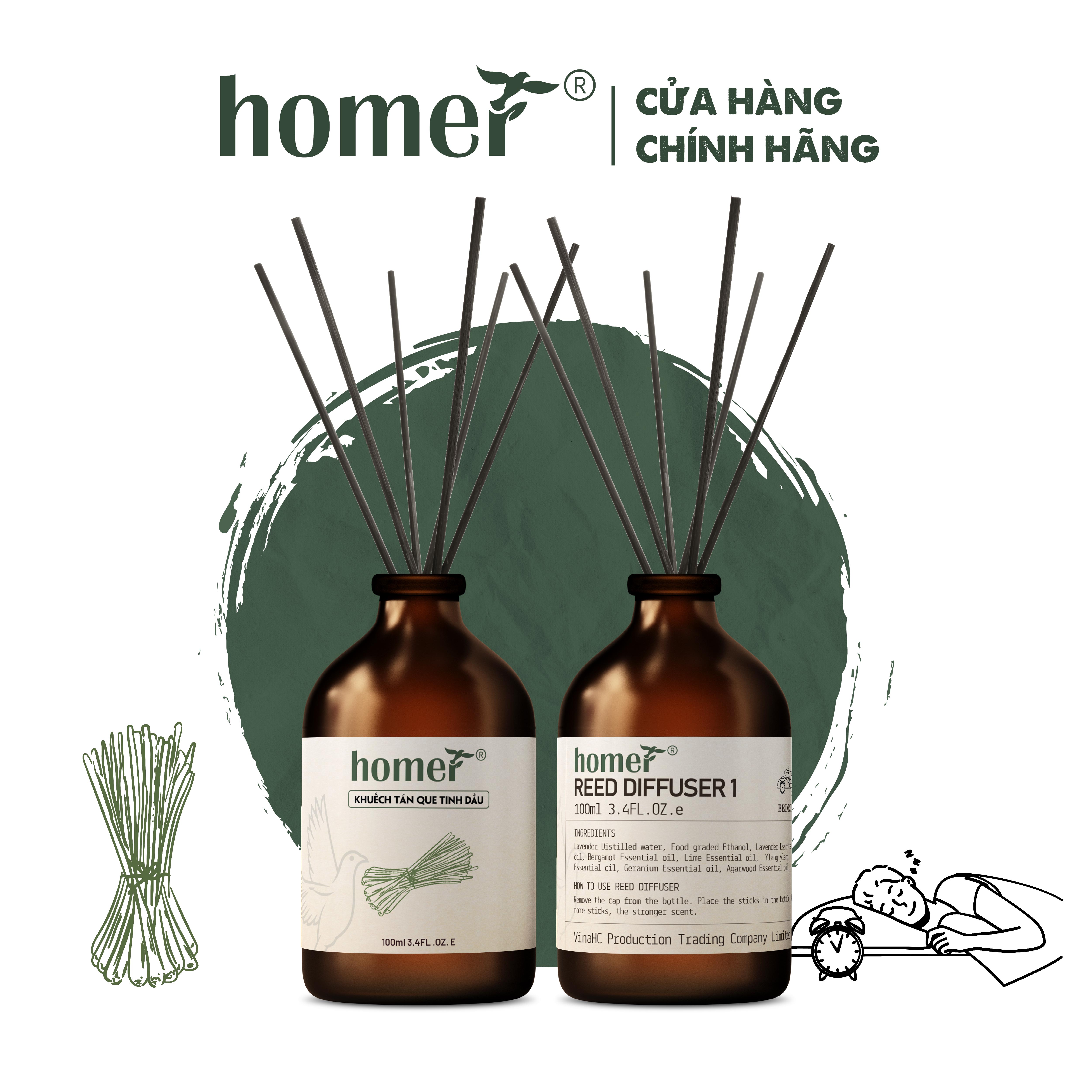 Combo Tinh dầu thơm phòng khuếch tán dạng que gỗ thiên nhiên HOMER dung tích 100ml/250ml - Thơm suốt 600 giờ khử mùi