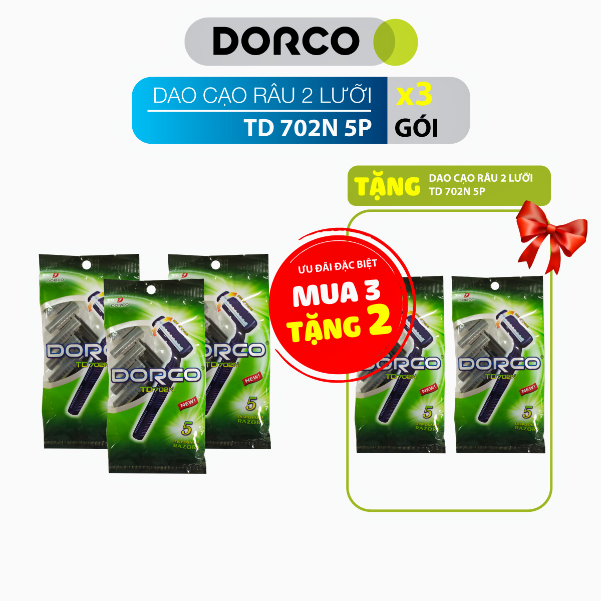 Combo 3 Gói Dao Cạo Râu 2 Lưỡi Dorco Td 702N 5P Tặng 2 Gói Cùng Loại (1 Gói/ 5 Dao Cạo)