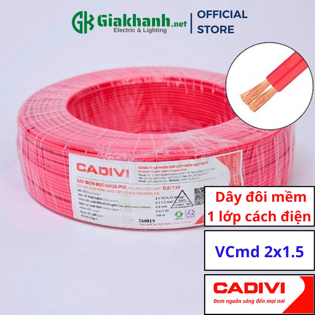 Dây Điện Đôi Mềm 1 Lớp Cách Điện Cadivi VCmd 2×1.5 – 06/1kV