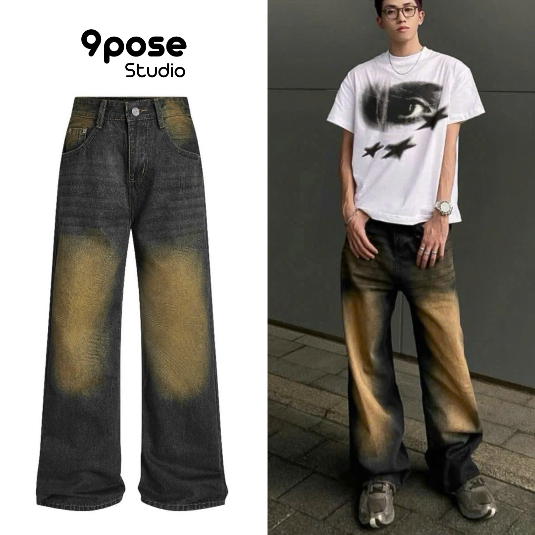 Quần Jean Ống Rộng Wash Nâu Vàng Rách Gối Nam Nữ - 9POSE STUDIO - Quần Jean Nâu Vàng Trơn/Rách Gối