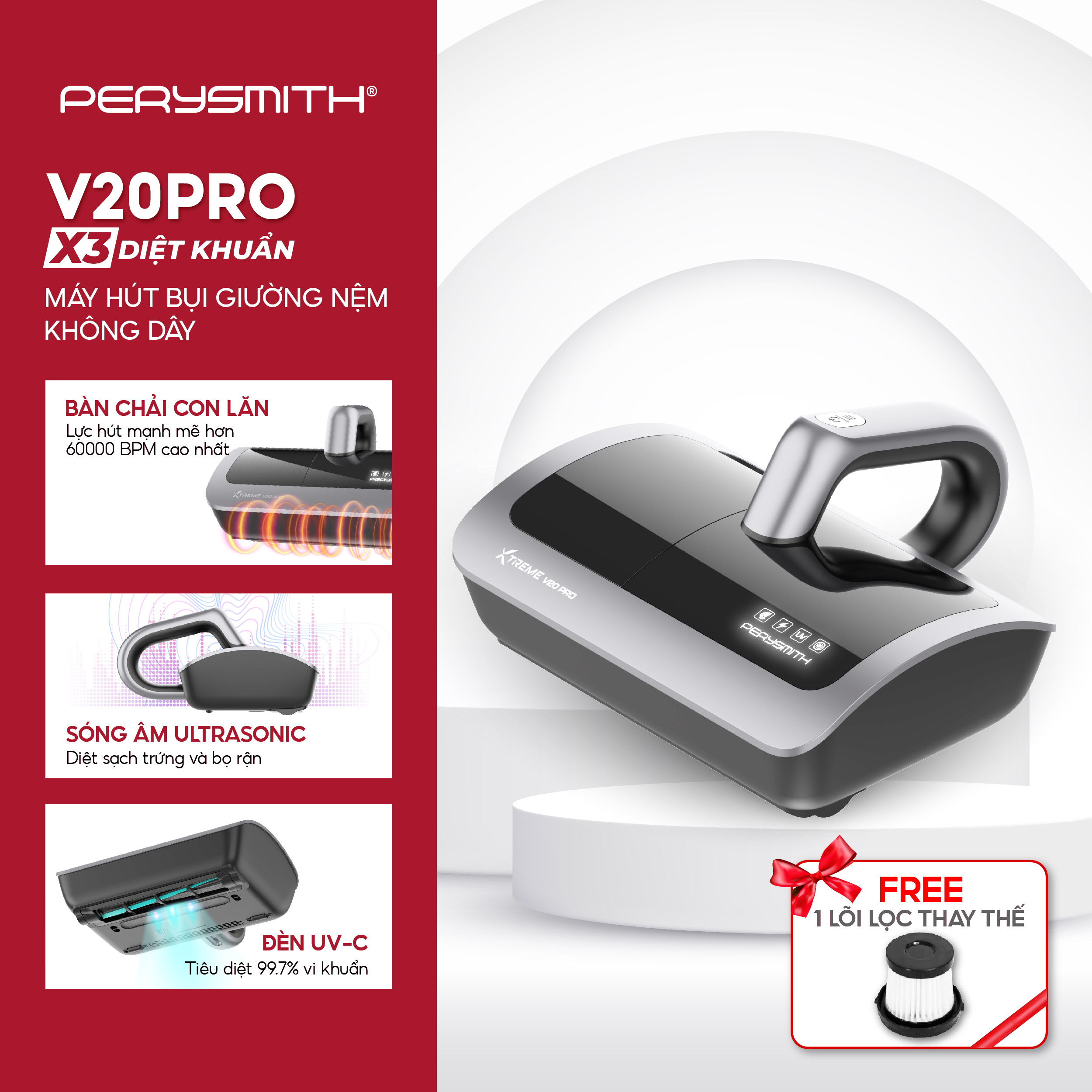 PerySmith V20PRO Máy Hút Bụi Giường Nệm Không Dây Gọn Nhẹ Diệt Khuẩn Hút Bụi Mịn 15000PA Lực Hút Mạn