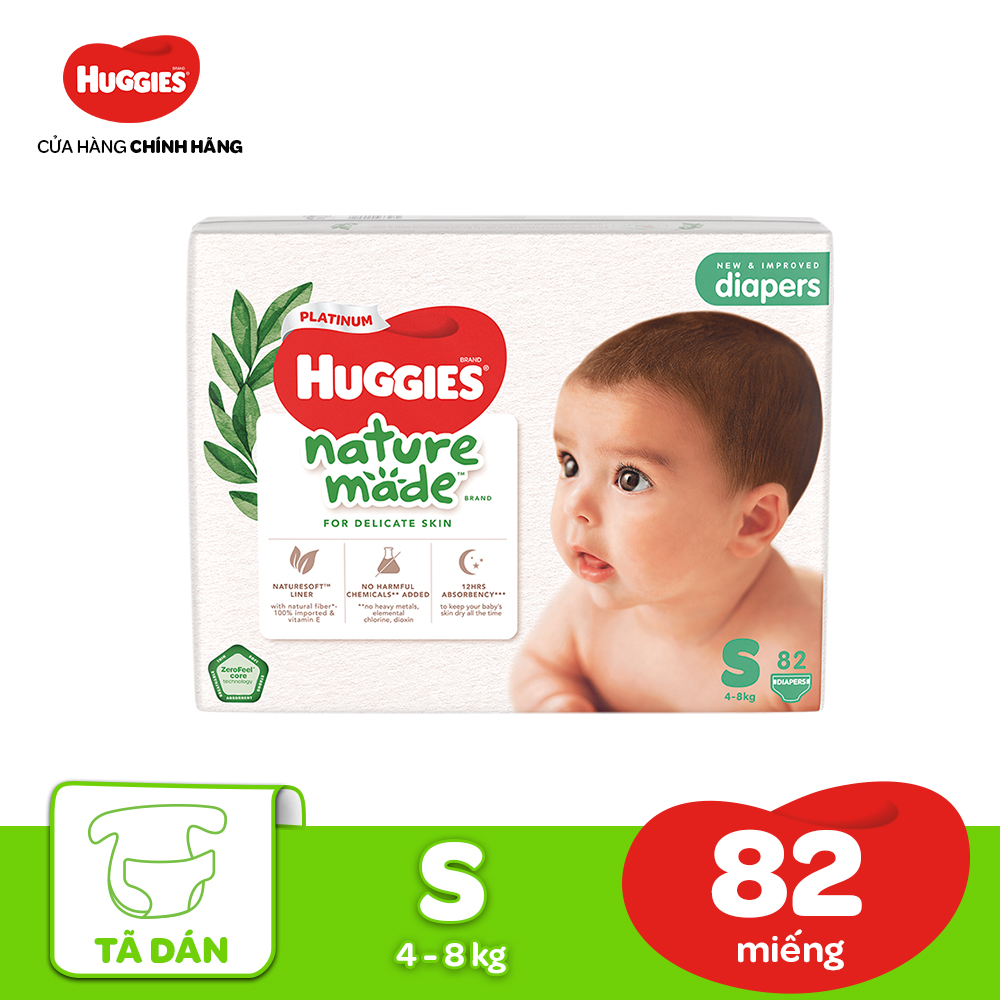 [20h 7-10.8 QUÀ TẶNG ĐƠN 399K] Tã/Bỉm dán sơ sinh Huggies Platinum NatureMade S82 (4-8kg)-Gói Super Jumbo 82 miếng