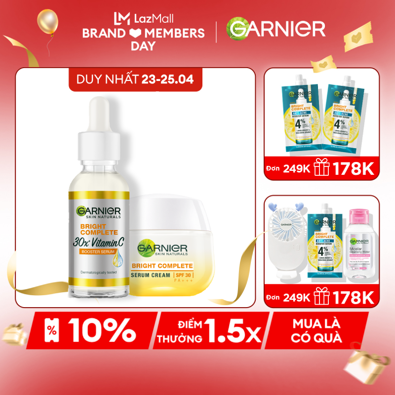 Set tinh chất serum &amp; kem dưỡng mặt nạ ngủ sáng da &amp; giảm thâm mụn dành cho ban đêm Garnier Bright Complete Vitamin C