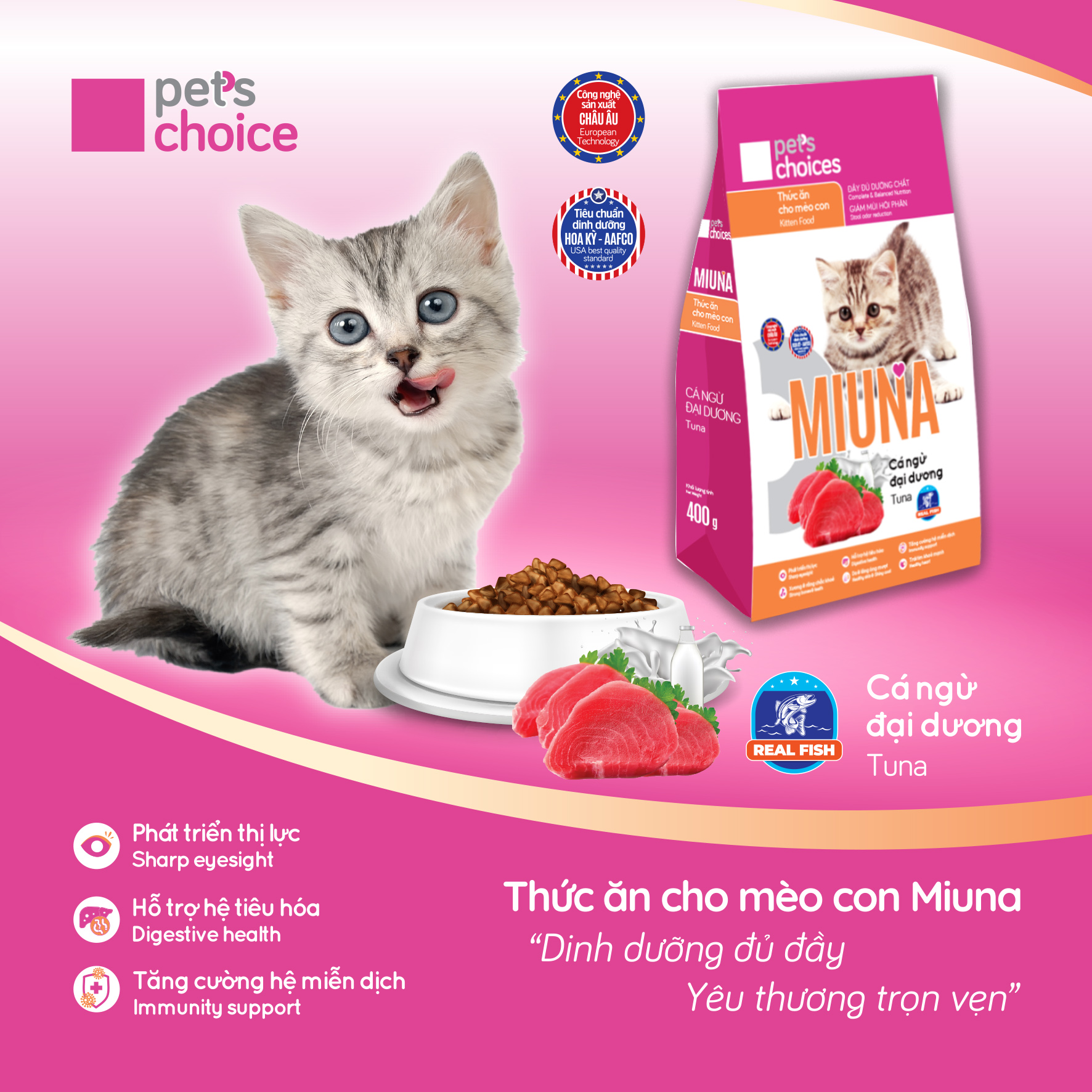 thức ăn hạt MIUNA CÁ THẬT TỪ ĐẠI DƯƠNG - đạm thuỷ phân dành cho mèo con và mèo trưởng thành - T3 PET