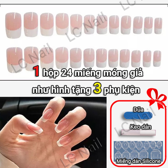 Móng Giả Có Keo R147 Dài Vuông Màu Hồng Trắng - Set 24 Miếng Móng Tay Giả + Quà Tặng Miễn Phí - Lc Nail