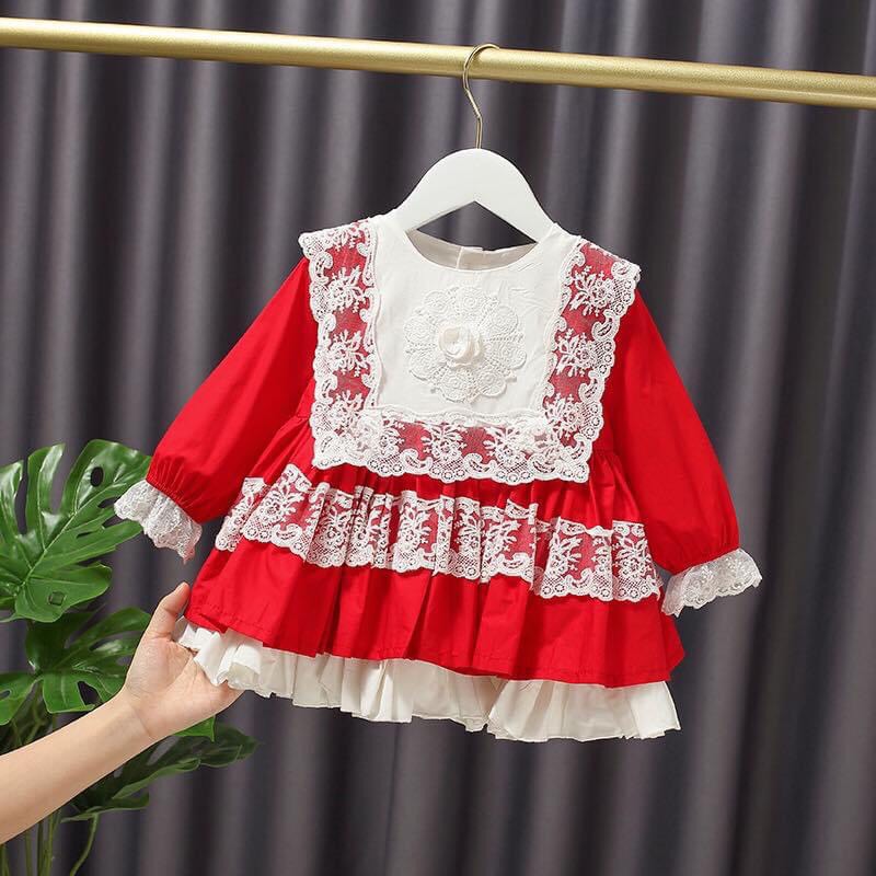 [HCM]Đầm váy bé gái dài tay diện noel Tết chất kate lụa phối ren màu đỏ cho bé từ 8kg đến 22kg
