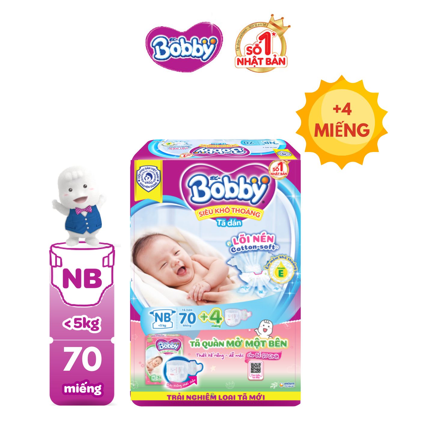 [20g 7-10.8 QUÀ TO]Tã dán Sơ sinh Bobby XS70 mới + tặng kèm 4 miếng tã quần mở một bên size NB/NB-S