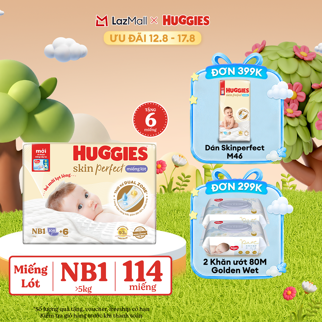 [12-17.08] Miếng lót sơ sinh Huggies Skin Perfect NB1 108+6 miếng với 2 vùng thấm giảm kích ứng da