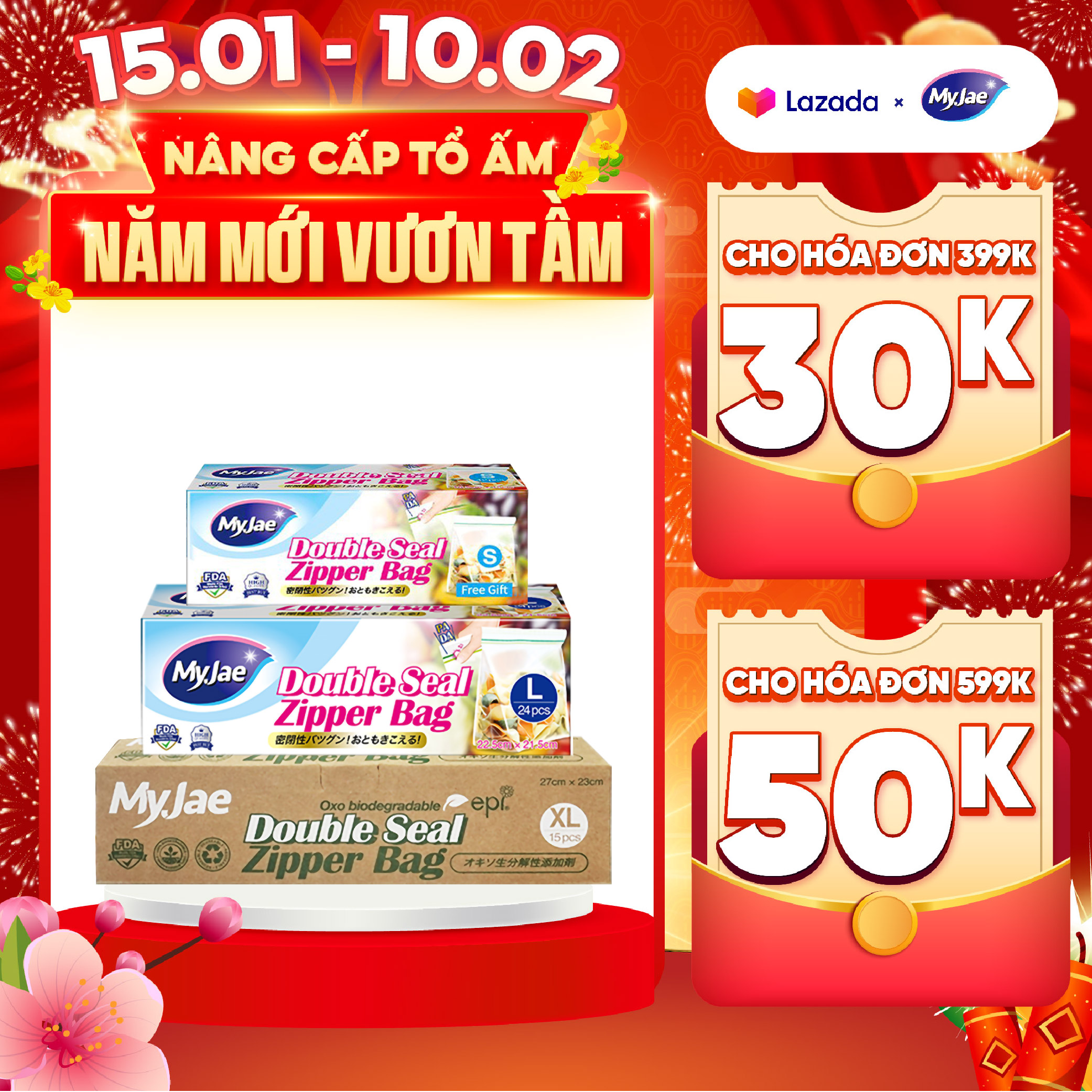 Combo 3 HỘP SIZE S+L+XL Túi Zip PE Trong Suốt 2 Đường Kéo MyJae Túi Bọc Đồ Ăn