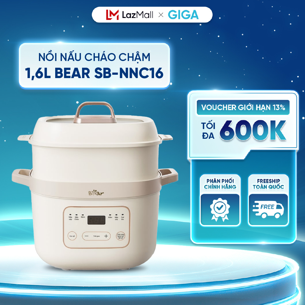 Nồi nấu cháo chậm 16L Bear SB-NNC16 - Tích hợp 6 chế độ nấu - Bản tiếng Việt