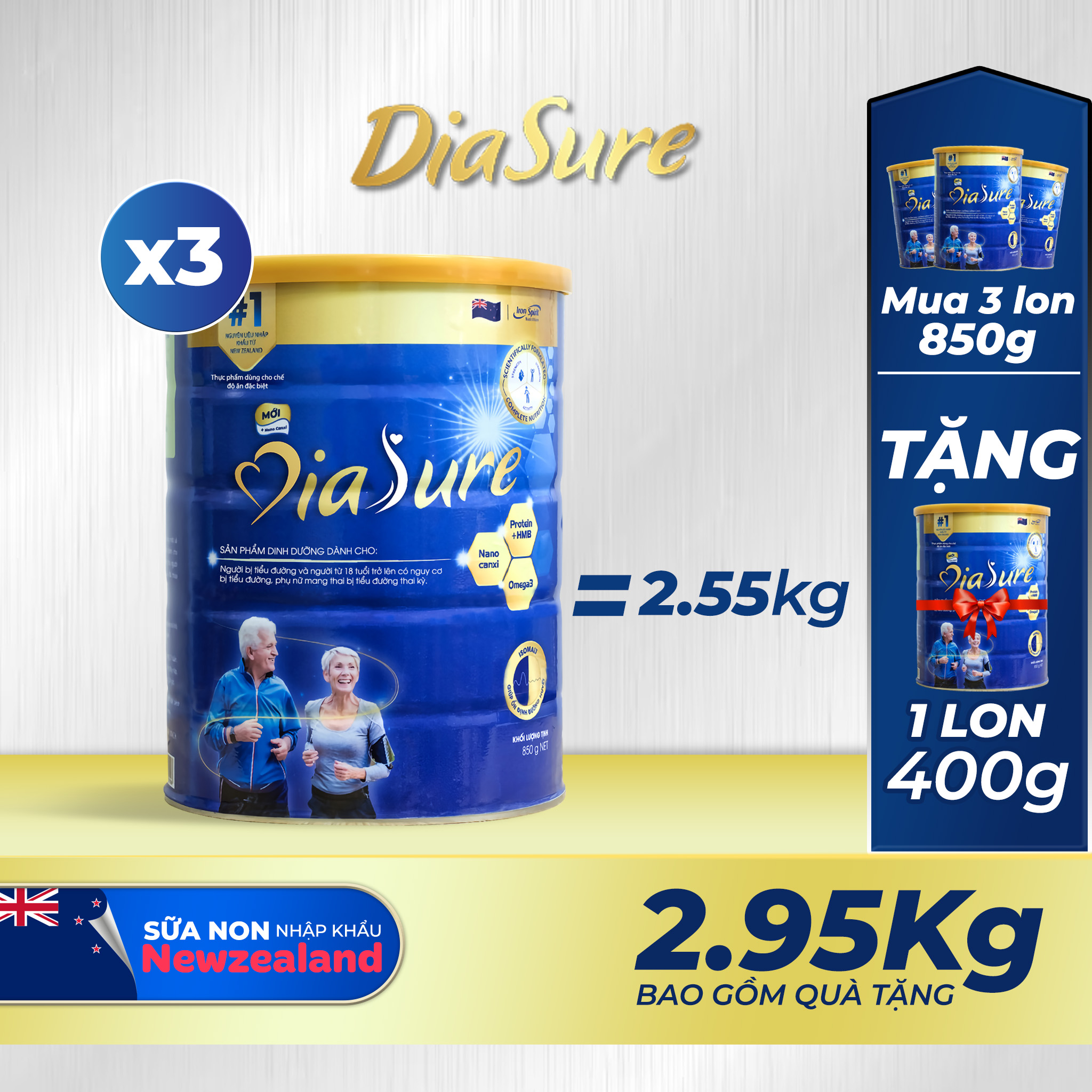 Sữa Non Diasure 850G (NEW) bổ sung thêm Nano Canxi Omega3 Protein HMB  (Mua 3 tặng 1hộp 450G)-Sữa dà