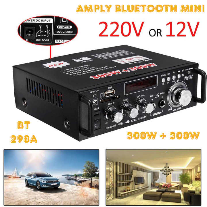 Amply Mini Bluetooth Ampli 12V Karaoke Bluetooth Ampli Bluetooth Karaoke Mini 12V/220V Công Suất 600W 2 Loa Cân Loa Thùng 2 Tấc Bảo Hành 12 Tháng - Techstore - Lỗi 1 Đổi 1