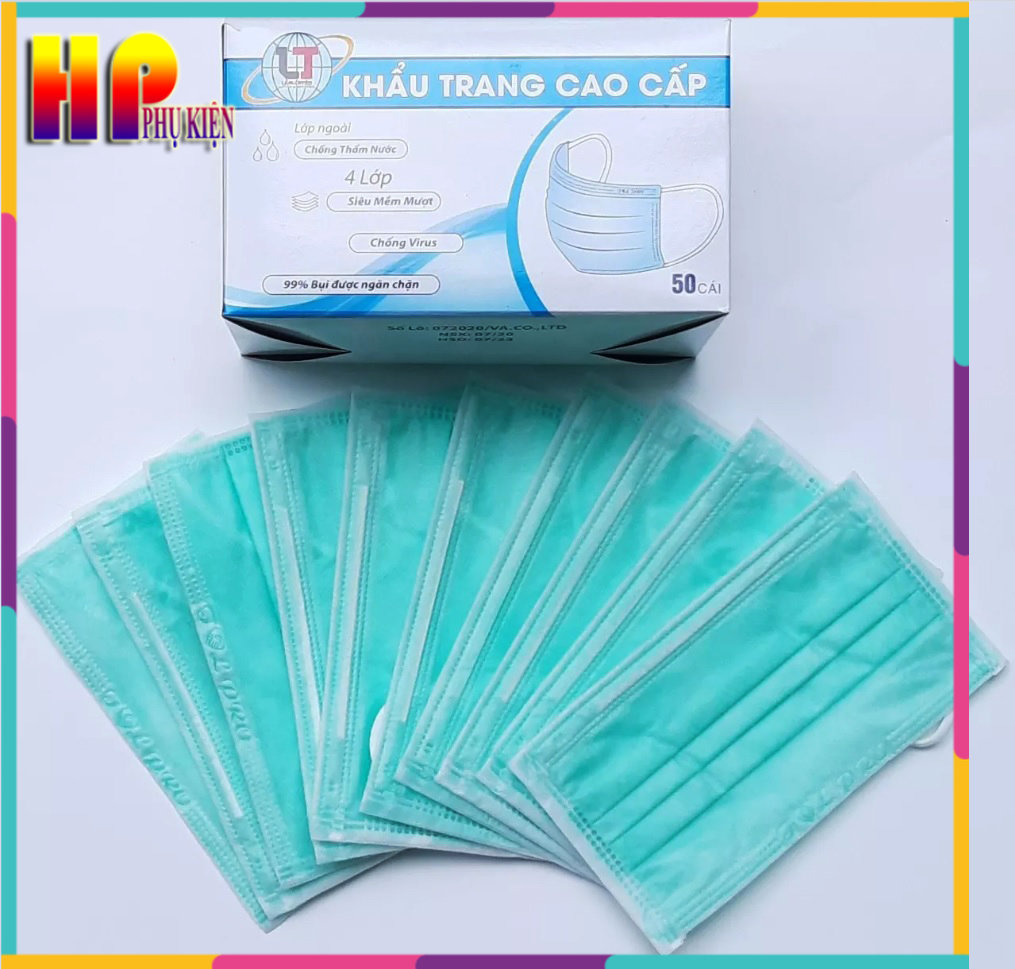 Khẩu trang y tế 4 lớp màu xanh ngọc hộp 50 cái chống bụi chống vi rút kháng khuẩn cực tốt