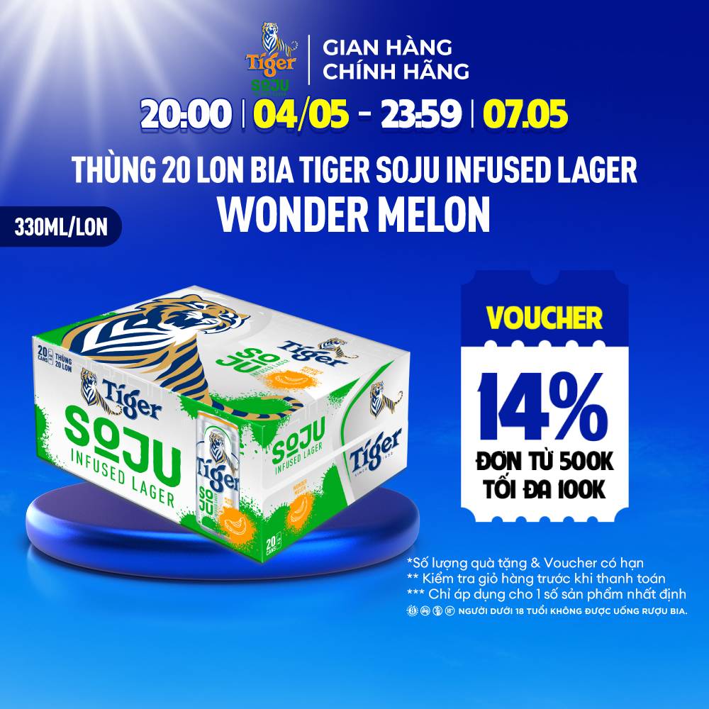 Thùng 20 Lon Bia Tiger Soju Infused Lager Wonder Melon (vị Soju Dưa Lưới) 330ml/Lon