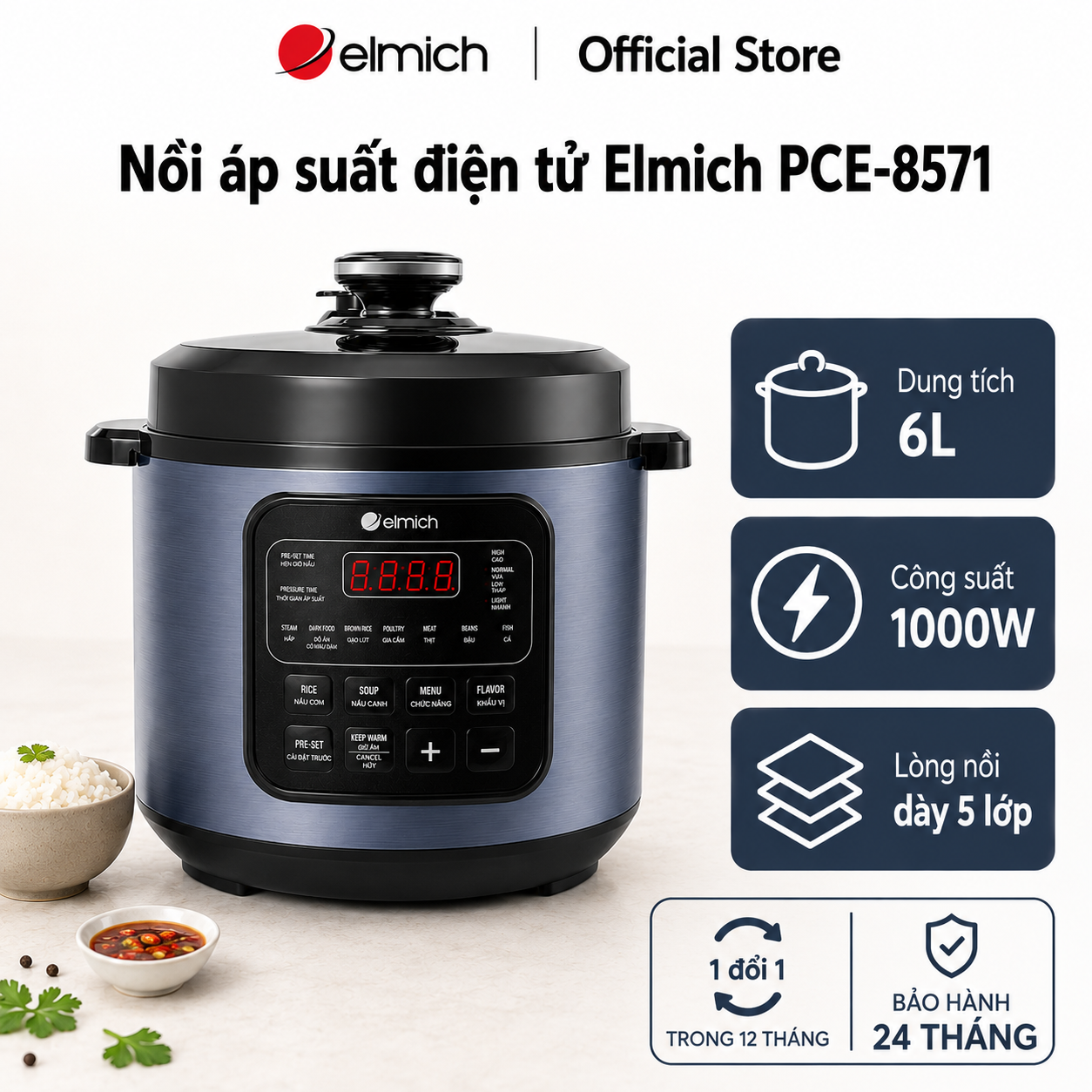 Nồi áp suất điện tử Elmich PCE-8571 - Dung tích 6L, Công suất 1000W