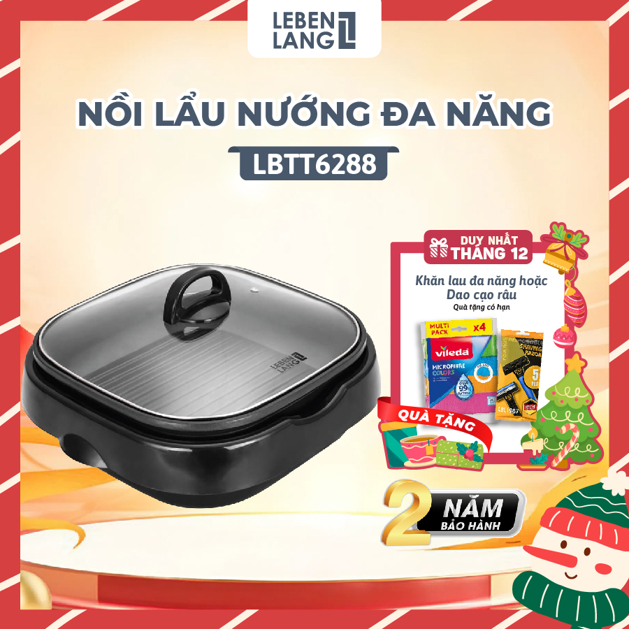 Nồi lẩu điện 2 ngăn Lebenlang LBTT5288 bếp lẩu nướng 2in1 đa năng tròn loại tocông suất 1800W tiện l